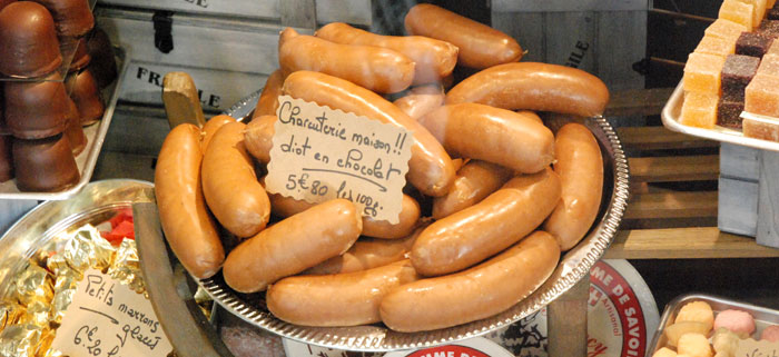 <Picture of chocolate sausages in Annecy, France>