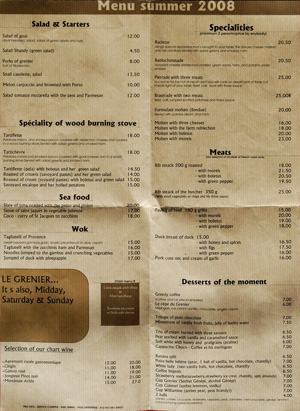 La Clusaz restaurant menu (French to English). Image copyright LeFrancoPhoney blog 2008.