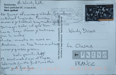 Postcard to La Clusaz, French Alps, with wrong surname, postcode and address. Copyright Wendy Hollands.